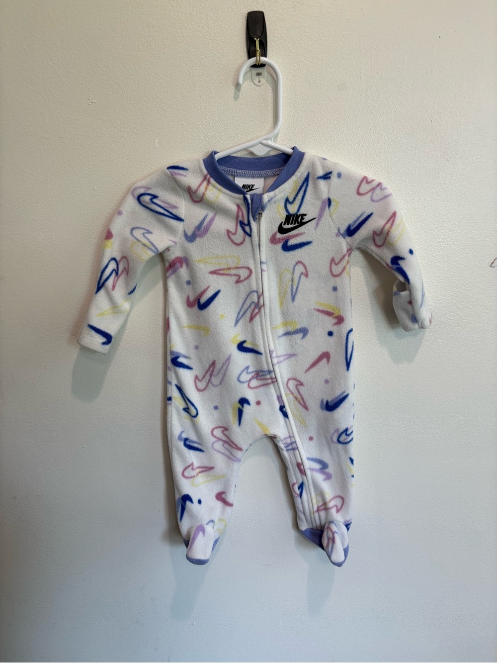 Nike White Multi Swoosh Fleece Baby girl pajama sleeper 3 months